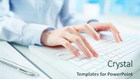  Presentation with office management - Slide deck enhanced with document management - hands of an office woman background and a sky blue colored foreground