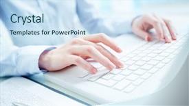  Presentation with worker - Slide deck consisting of document management - hands of white collar worker background and a sky blue colored foreground