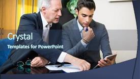  Presentation with work - PPT theme featuring document management software - business colleagues at work background and a ocean colored foreground