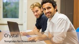  Presentation with people management word cloud - Presentation theme with document management software - business people at work background and a  colored foreground