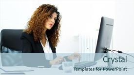  Presentation with medical procedure simulation using plasma - Presentation design featuring document management software - businesswoman using a laptop background and a light blue colored foreground