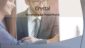  Presentation with information - Beautiful presentation theme featuring document management software - colleagues discussing information backdrop and a  colored foreground