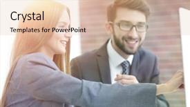  Presentation with information - Presentation theme with document management software - colleagues discussing information background and a  colored foreground