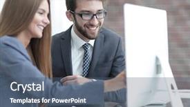  Presentation with accounting information system - Cool new slide deck with document management software - colleagues discussing information backdrop and a ocean colored foreground