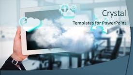  Presentation with masculine - Colorful theme enhanced with document management system - masculine hand holding tablet backdrop and a sky blue colored foreground