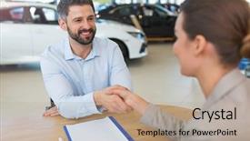  Presentation with car dealer - Colorful presentation design enhanced with document retail - car dealer shaking hand backdrop and a coral colored foreground