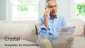  Presentation with old man - Slides enhanced with document while talking on phone background and a mint green colored foreground