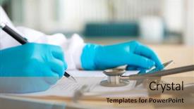  Presentation with prescription - Colorful PPT theme enhanced with documentation ambulance - hand of doctor writing backdrop and a  colored foreground