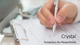  Presentation with prescription - Presentation consisting of documentation ambulance - hand of doctor writing background and a  colored foreground