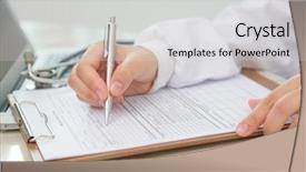  Presentation with prescription - Cool new PPT theme with documentation ambulance - hand of doctor writing backdrop and a light gray colored foreground