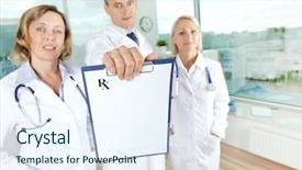  Presentation with prescription - PPT theme having documentation ambulance - image of male practitioner holding background and a sky blue colored foreground