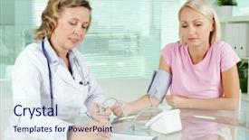  Presentation with blood pressure - Slide deck consisting of documentation ambulance - mature doctor measuring blood pressure background and a  colored foreground