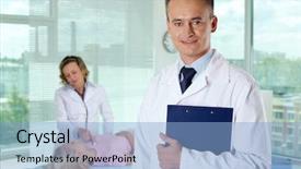  Presentation with hospital - Colorful PPT theme enhanced with documentation ambulance - portrait of smiling male clinician backdrop and a  colored foreground