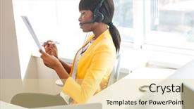  Presentation with call center management - Amazing PPT theme having documentation centre - afro american businesswoman with headset backdrop and a blonde colored foreground