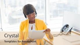  Presentation with call center management - Slides consisting of documentation centre - afro american businesswoman working background and a yellow colored foreground