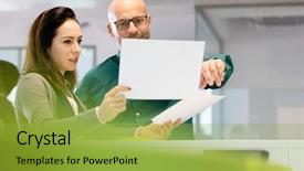  Presentation with farewell party for colleague - Audience pleasing theme consisting of documentation centre - businesswoman with male colleague discussing backdrop and a yellow colored foreground