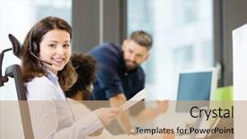  Presentation with customer service - Presentation design consisting of documentation centre - portrait of smiling customer service background and a coral colored foreground