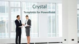  Presentation with employees - Presentation theme consisting of documentation centre - two elegant employees standing background and a  colored foreground