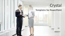  Presentation with financial center - Amazing presentation having documentation centre - two young colleagues in formalwear backdrop and a  colored foreground