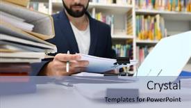  Presentation with archive - Audience pleasing presentation theme consisting of documents at table in archive backdrop and a light blue colored foreground