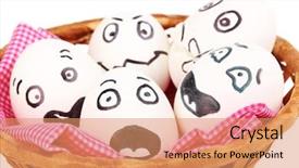  Presentation with human face set of faces - Audience pleasing presentation design consisting of dodgers - white eggs with funny faces backdrop and a  colored foreground