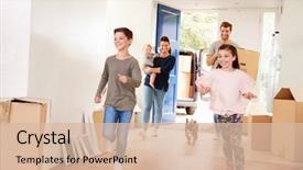  Presentation with new home - PPT layouts with dog - family carrying boxes into new background and a lemonade colored foreground