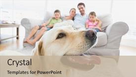  Presentation with family pet - Slide deck enhanced with dog - happy family sitting on couch background and a mint green colored foreground
