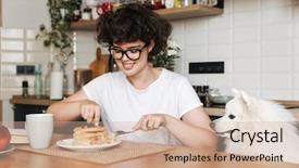  Presentation with smiling little girl - PPT theme with dog drinking coffee - smiling cheerful girl having tasty background and a  colored foreground