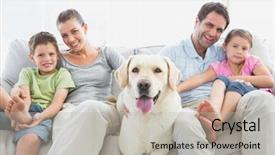  Presentation with family pet - Audience pleasing presentation design consisting of happy family sitting on couch backdrop and a mint green colored foreground