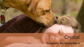  Presentation with dog poop scoop - Audience pleasing PPT theme consisting of dog making girl laugh backdrop and a coral colored foreground