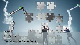  Presentation with arm robot - Colorful PPT layouts enhanced with doing jigsaw puzzle with robot backdrop and a  colored foreground