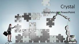  Presentation with robotic arm - Audience pleasing slides consisting of doing jigsaw puzzle with robot backdrop and a light blue colored foreground