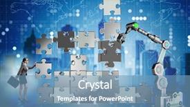  Presentation with robotic arm - Audience pleasing PPT theme consisting of doing jigsaw puzzle with robot backdrop and a  colored foreground