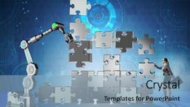  Presentation with robotic arm - PPT theme consisting of doing jigsaw puzzle with robot background and a light blue colored foreground
