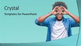  Presentation with tongue - Cool new slide set with doing ok gesture like binoculars backdrop and a light blue colored foreground