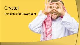  Presentation with young man wearing a hat - Theme enhanced with doing ok gesture like binoculars background and a yellow colored foreground