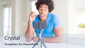  Presentation with african american mothers - Beautiful PPT theme featuring doing online call with webcam backdrop and a  colored foreground