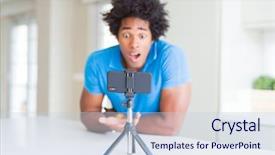 Presentation with african american talent show - Presentation design with doing online call with webcam background and a light blue colored foreground