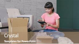  Presentation with socializare online - Slide set consisting of doing online shop with clothes background and a coral colored foreground