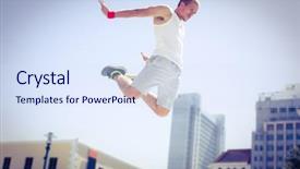  Presentation with city - Slide deck having doing parkour in the city background and a sky blue colored foreground
