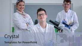  Presentation with medical teamwork - Amazing PPT theme having doing research together in chemistry backdrop and a light blue colored foreground