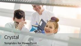  Presentation with medical teamwork - Cool new PPT theme with doing research together in chemistry backdrop and a light gray colored foreground