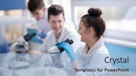  Presentation with medical teamwork - Colorful theme enhanced with doing research together in chemistry backdrop and a light blue colored foreground