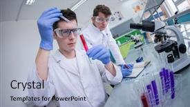  Presentation with medical teamwork - Cool new presentation theme with doing research together in chemistry backdrop and a light blue colored foreground