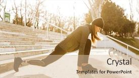 Presentation with sportswear - PPT theme enhanced with doing sports and stretching prosthesis background and a lemonade colored foreground