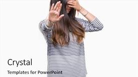  Presentation with modern eye glasses on yellow - Cool new slides with doing stop gesture with sad backdrop and a white colored foreground