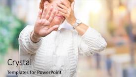 Presentation with woman covering man mouth hand - Beautiful slides featuring doing stop gesture with sad backdrop and a light gray colored foreground