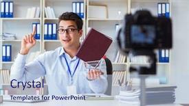  Presentation with writing education female writer - Beautiful PPT theme featuring doing webcast on new book backdrop and a light blue colored foreground