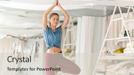  Presentation with young healthy people - Colorful PPT layouts enhanced with doing yoga in tree pose backdrop and a  colored foreground