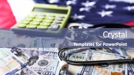  Presentation with usa flag - Beautiful presentation theme featuring dollar banknotes and calculator backdrop and a ocean colored foreground